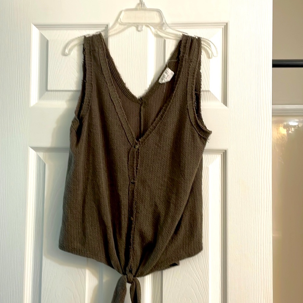 Army green tank top with a tie at the bottom